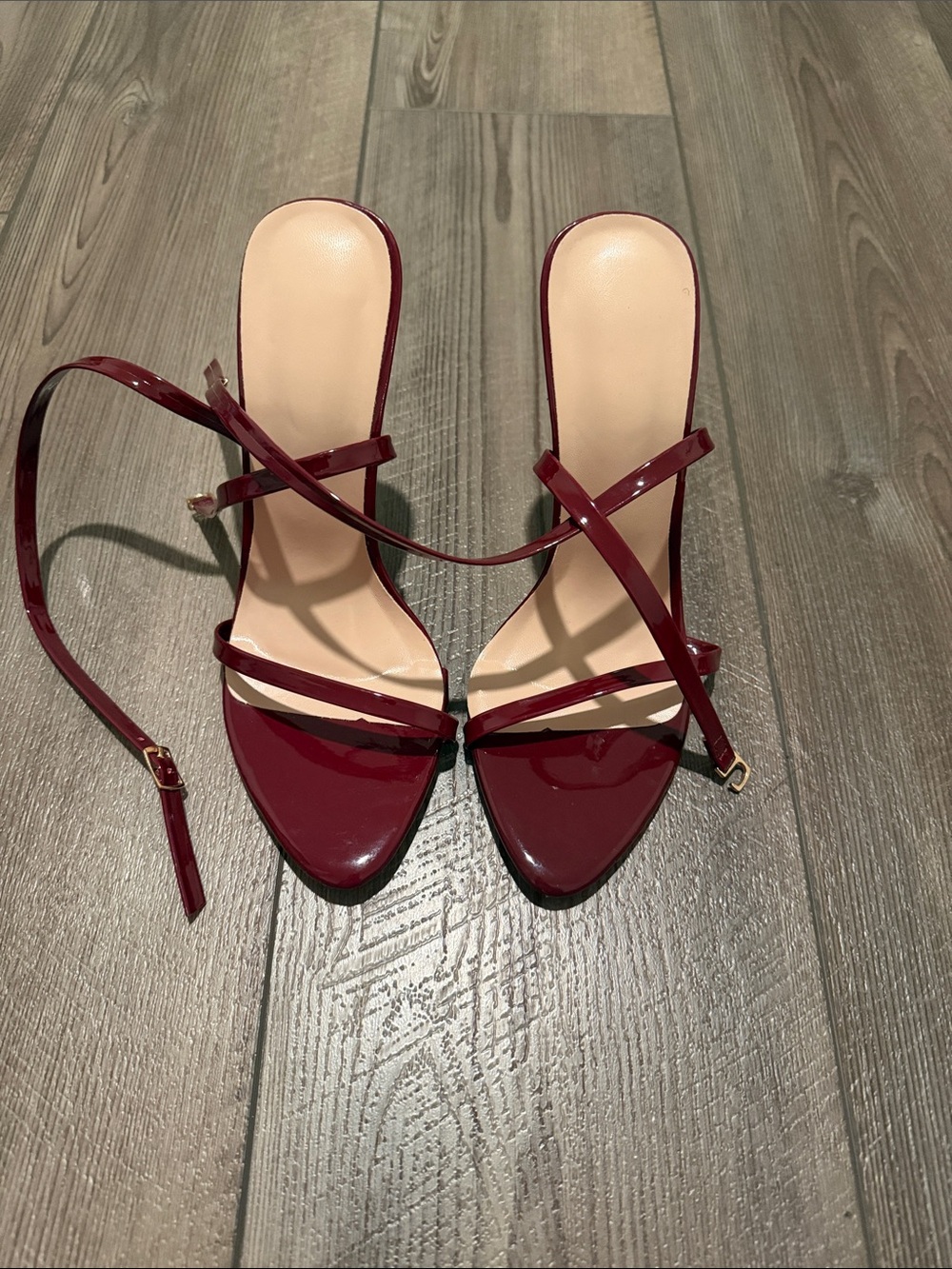 SHEIN Burgundy Patent Strappy Pointed-Toe Heels